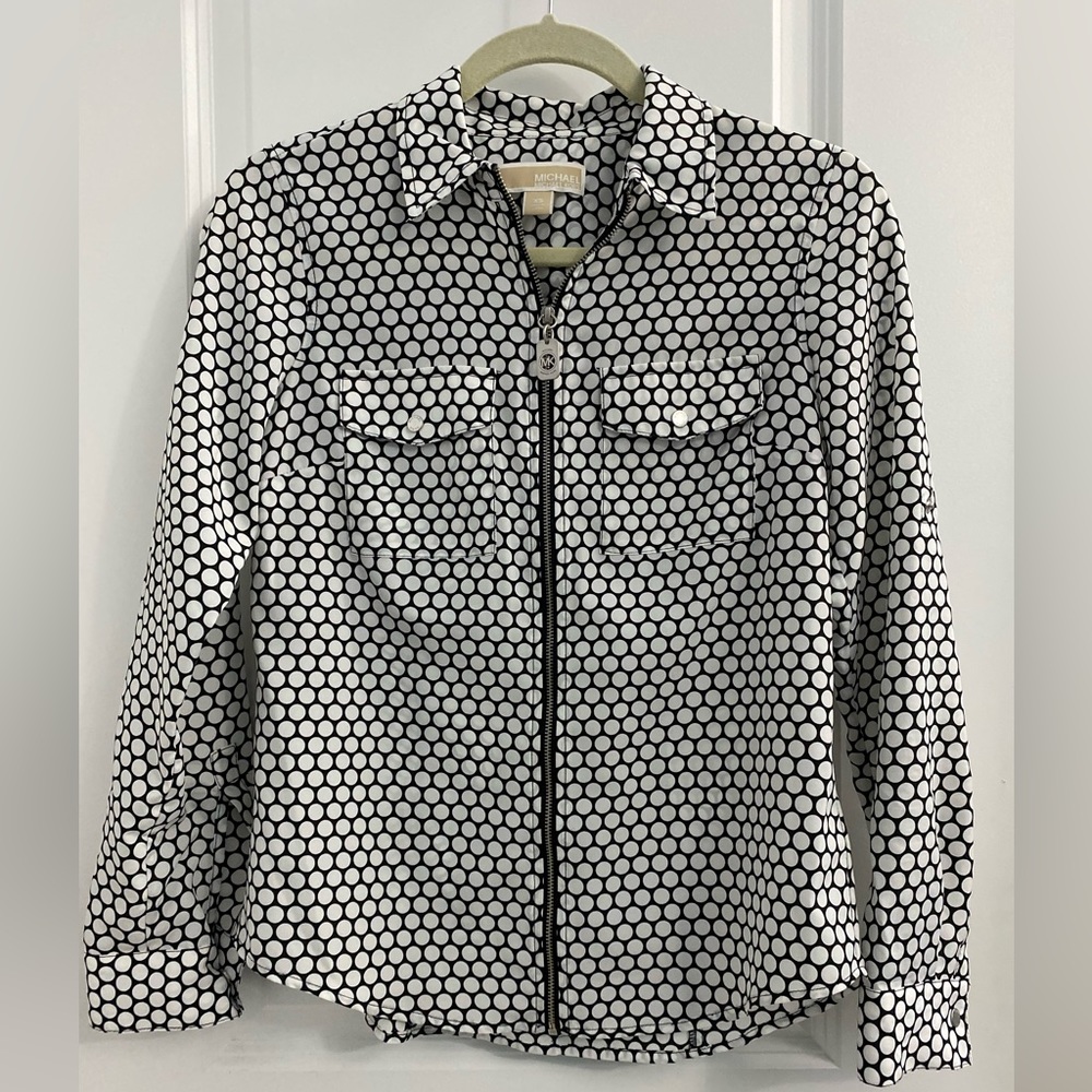Michael Kors Black & White Polka Dot Zip-up Women's Top Size XS